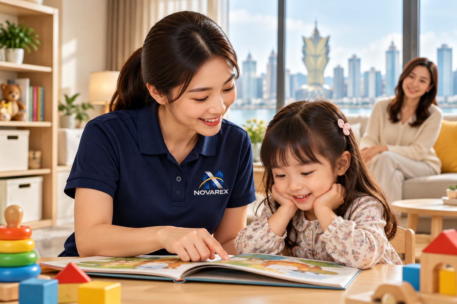 Babysitter wearing a NOVAREX uniform reading with a child