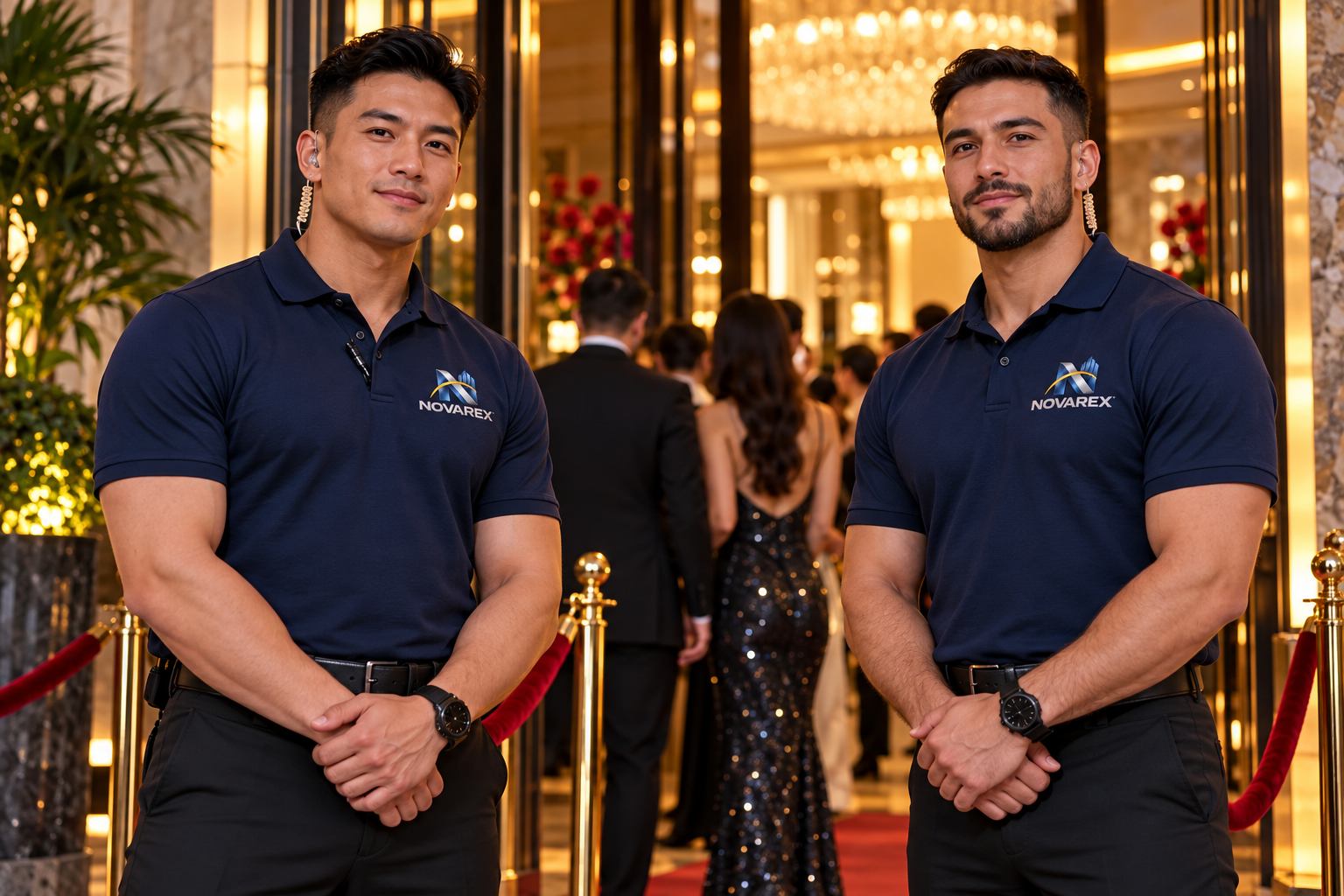 Security staff wearing NOVAREX uniforms at a venue entrance