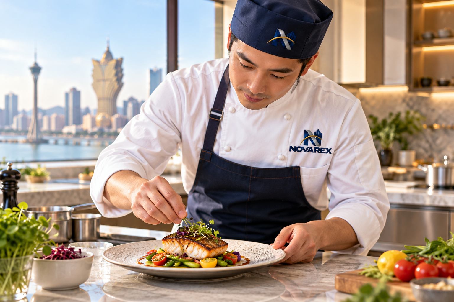 Chef in a NOVAREX embroidered jacket preparing a meal