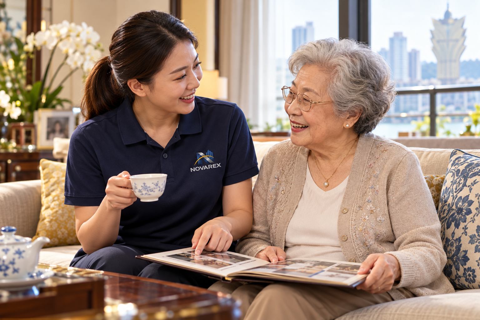 NOVAREX caregiver sharing a conversation with an older adult at home