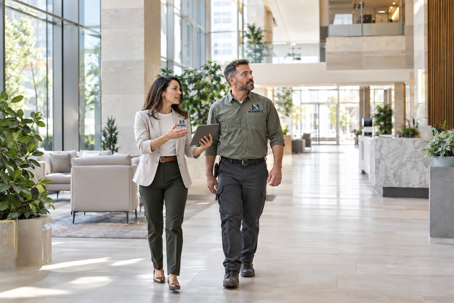 Property manager and facilities coordinator discussing a commercial building