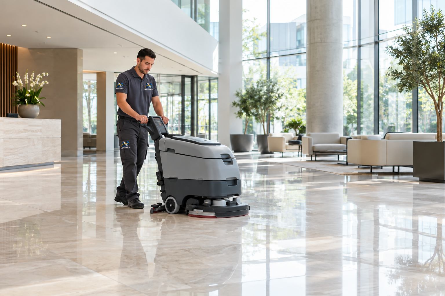 Commercial cleaner operating a floor scrubber in a bright lobby