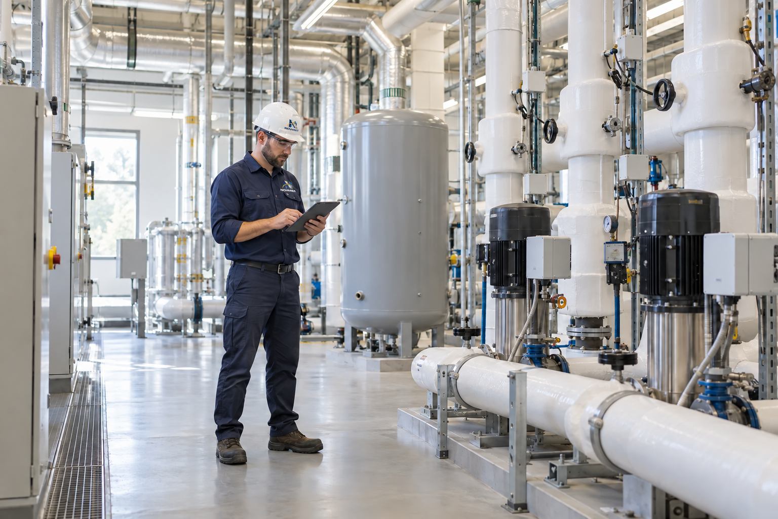 Facilities supervisor inspecting a building plant room