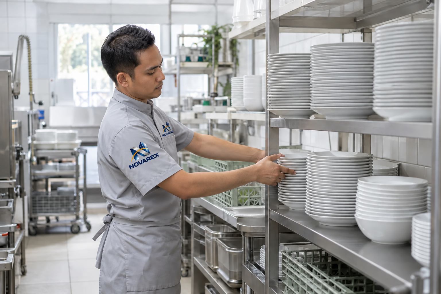 Kitchen steward arranging clean crockery in a hotel service area