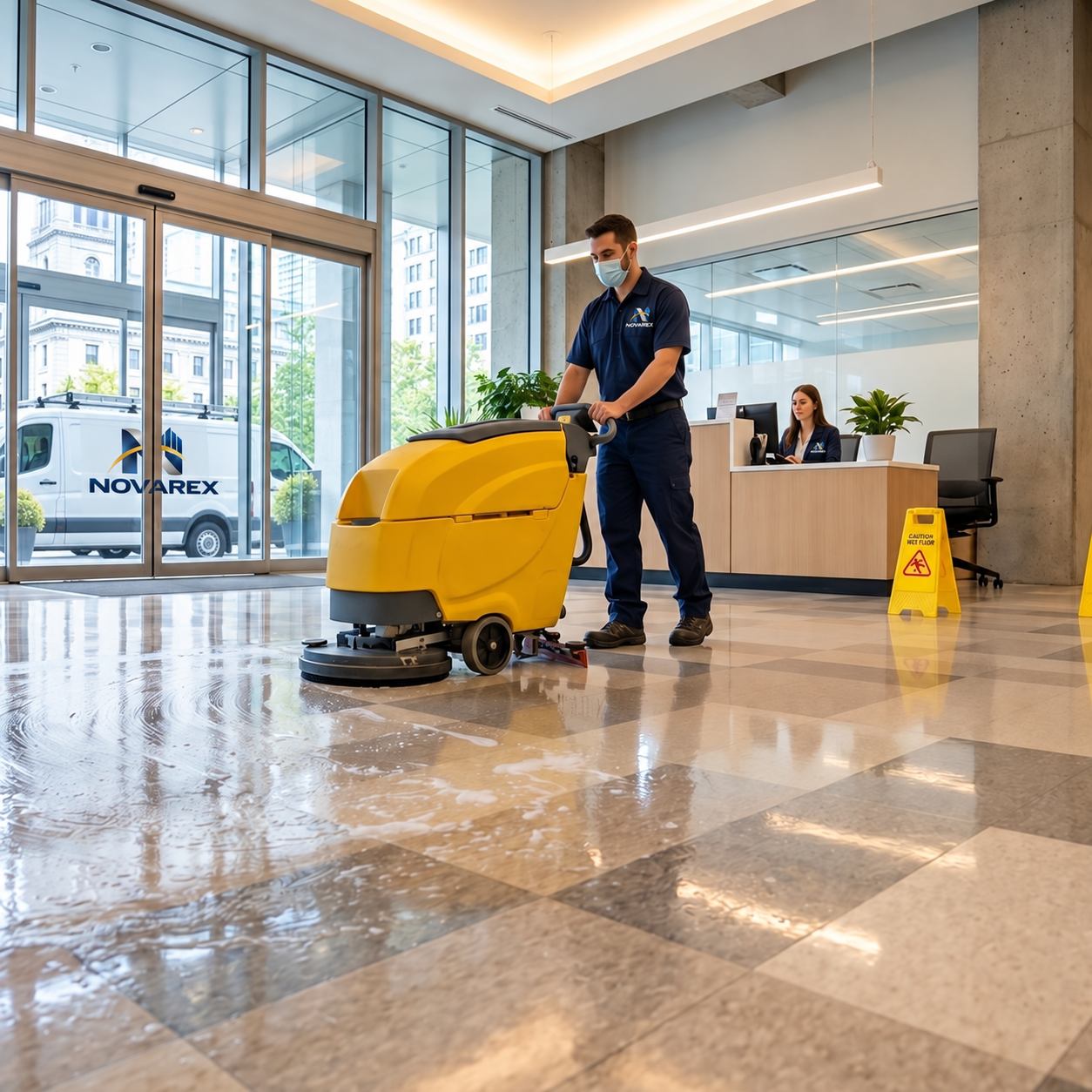 Commercial floor cleaning in a bright building lobby