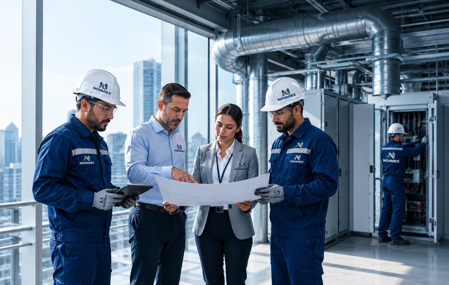 Facilities professionals reviewing a technical plan