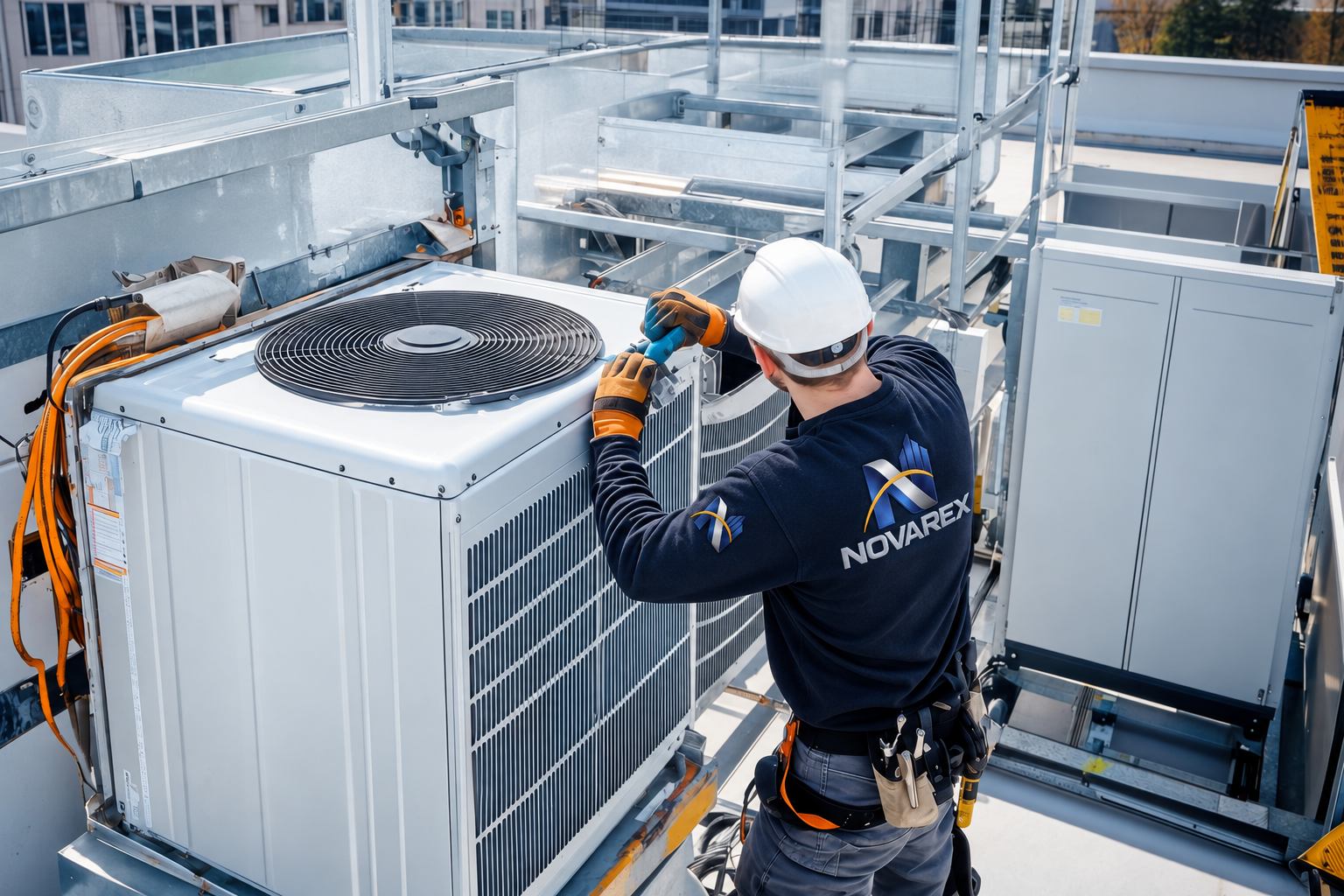 Technician inspecting rooftop air conditioning equipment