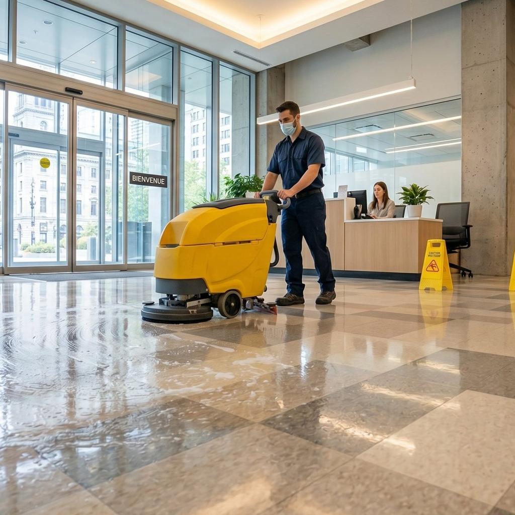 Commercial floor cleaning in a bright building lobby