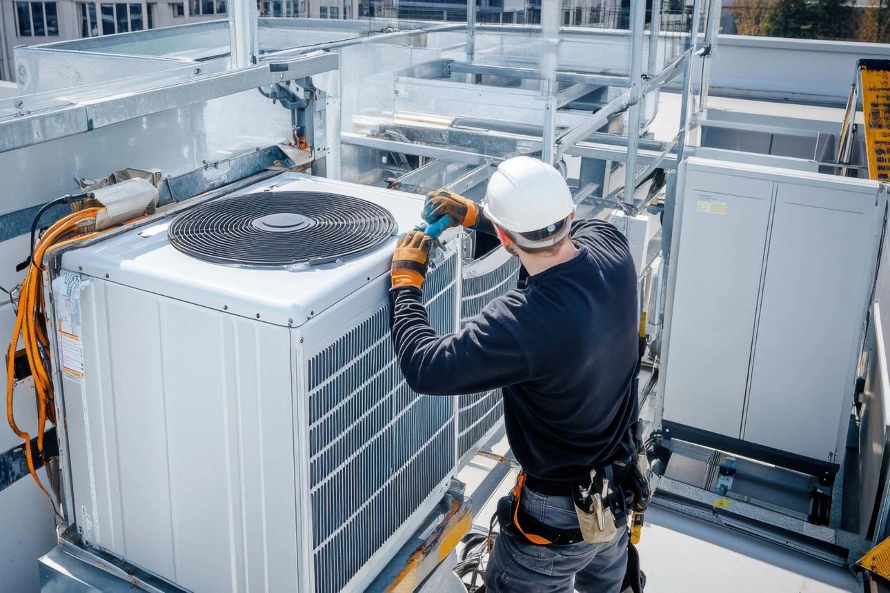 Technician inspecting rooftop air conditioning equipment